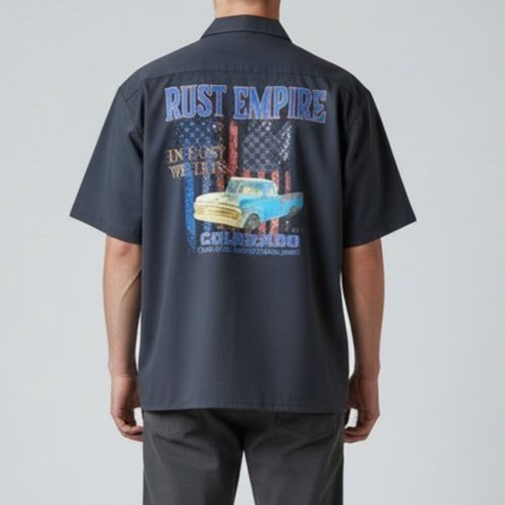 Rust Empire Colorado Hot Rod Dickies Button Front Shirt XL Short Sleeve Black